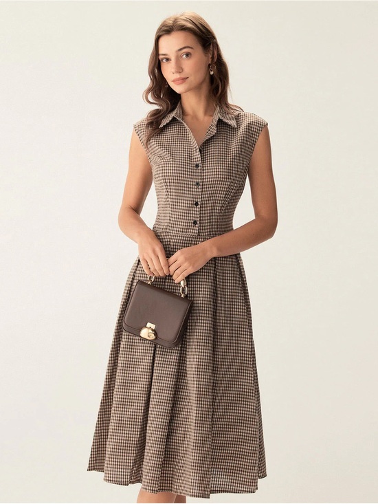 RIHOAS Dresses & Skirts - RIHOAS Brown Gingham Midi Shirt Dress Sz XL